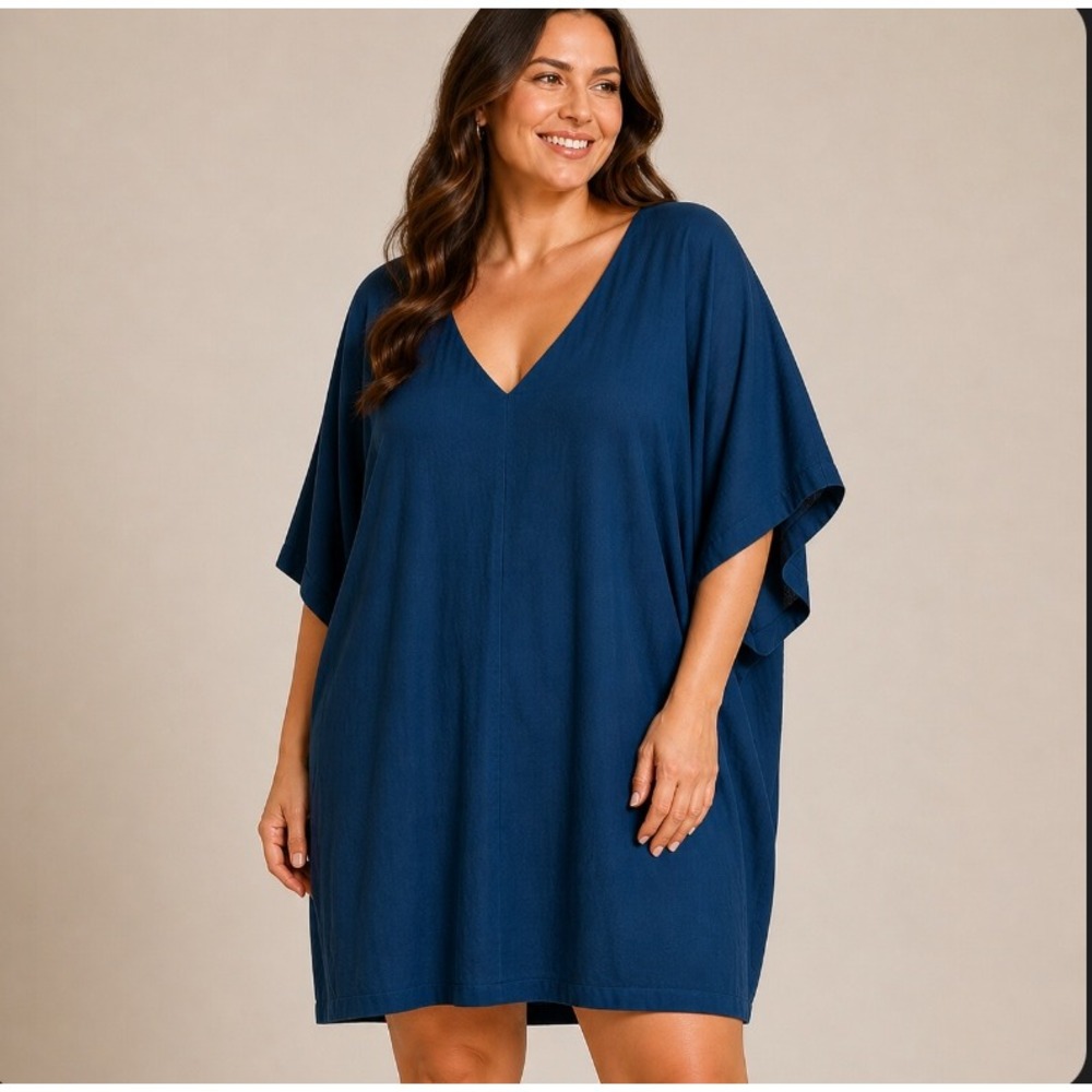 NWT Madewell Novel Shift‎ Dress 2X Blue Hematite Short Sleeve V-Neck Viscose